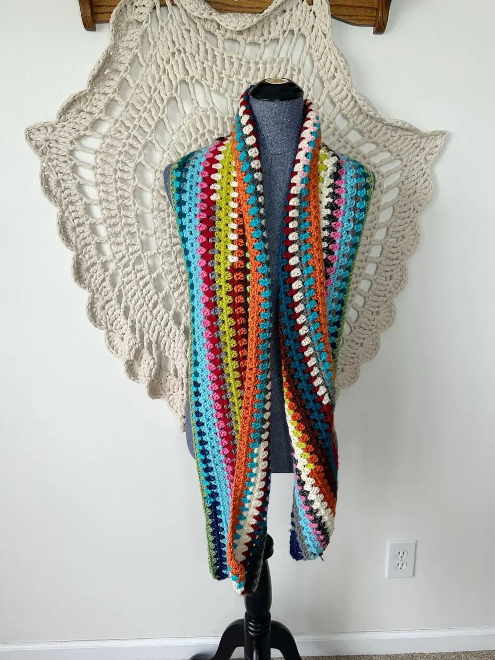 Handmade Crochet Granny Striped Rainbow Scarf